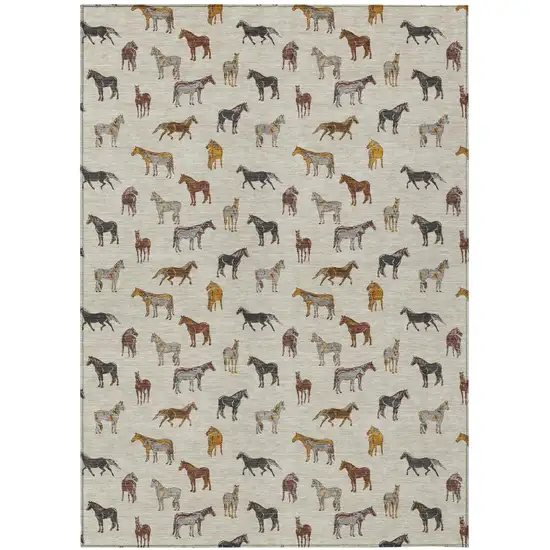 Beige And Brown Horse Washable Indoor Outdoor Area Rug Photo 2