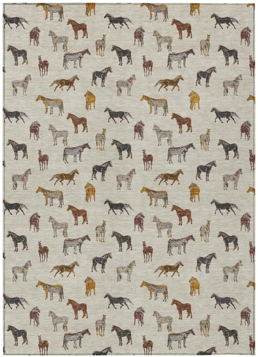 Beige And Brown Horse Washable Indoor Outdoor Area Rug Photo 2