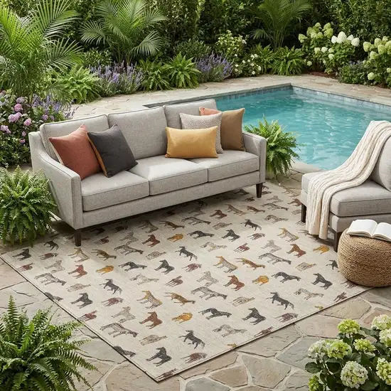 Beige And Brown Horse Washable Indoor Outdoor Area Rug Photo 1