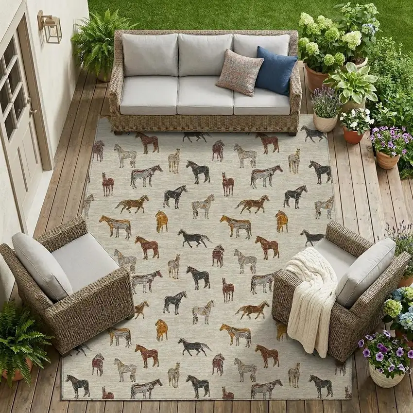 Beige And Brown Horse Washable Indoor Outdoor Area Rug Photo 1