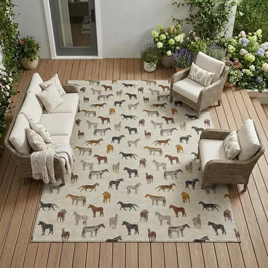 Beige And Brown Horse Washable Indoor Outdoor Area Rug Photo 1