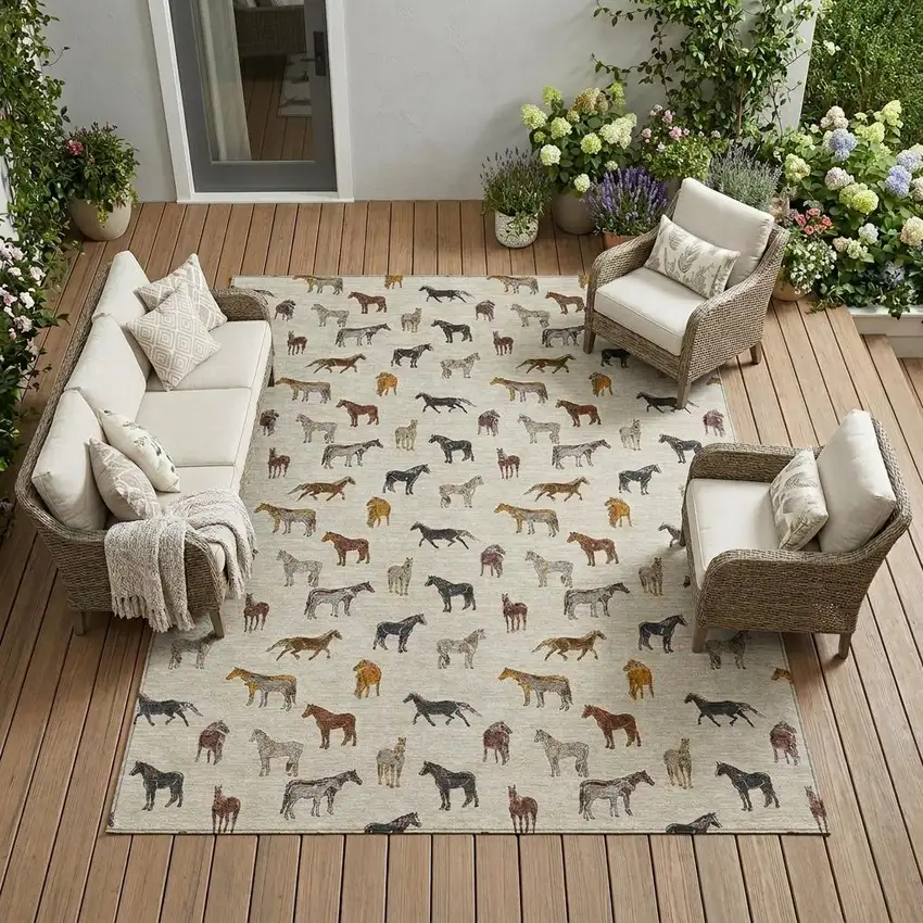 Beige And Brown Horse Washable Indoor Outdoor Area Rug Photo 1