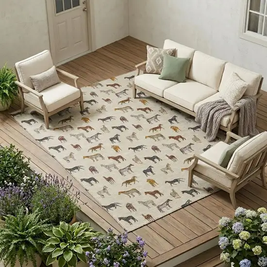Beige And Brown Horse Washable Indoor Outdoor Area Rug Photo 1