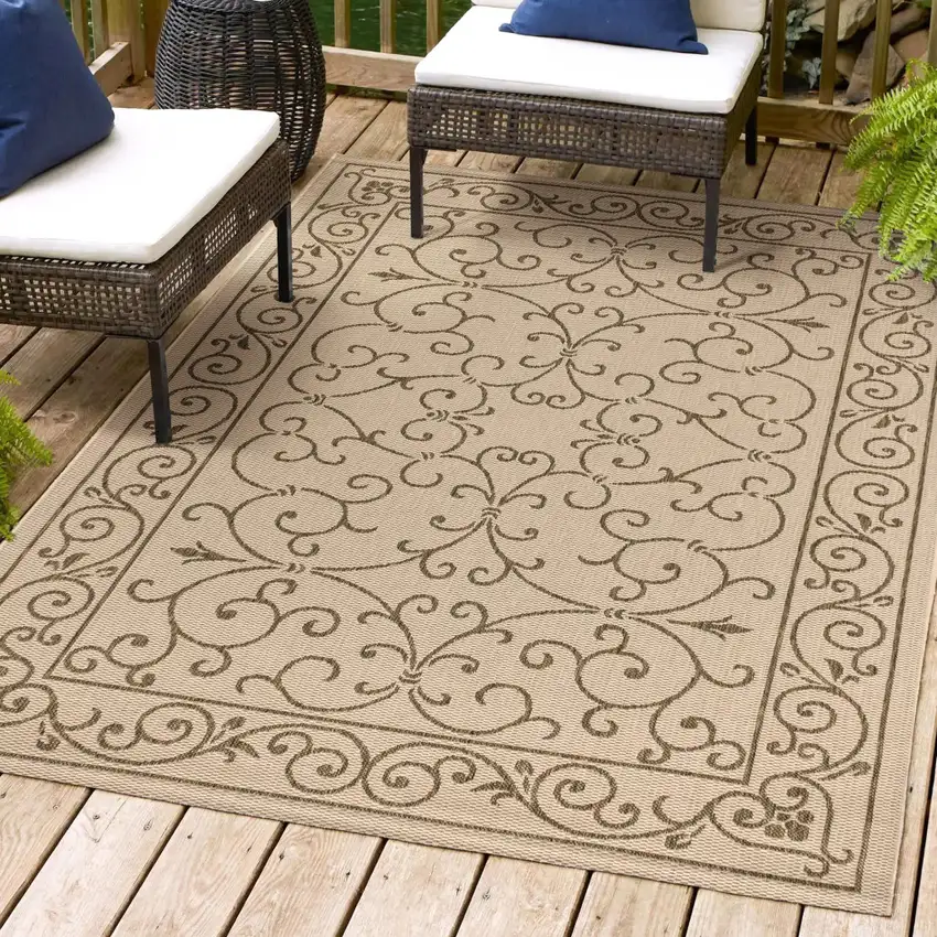Beige And Brown Medallion Indoor Outdoor Area Rug Photo 9