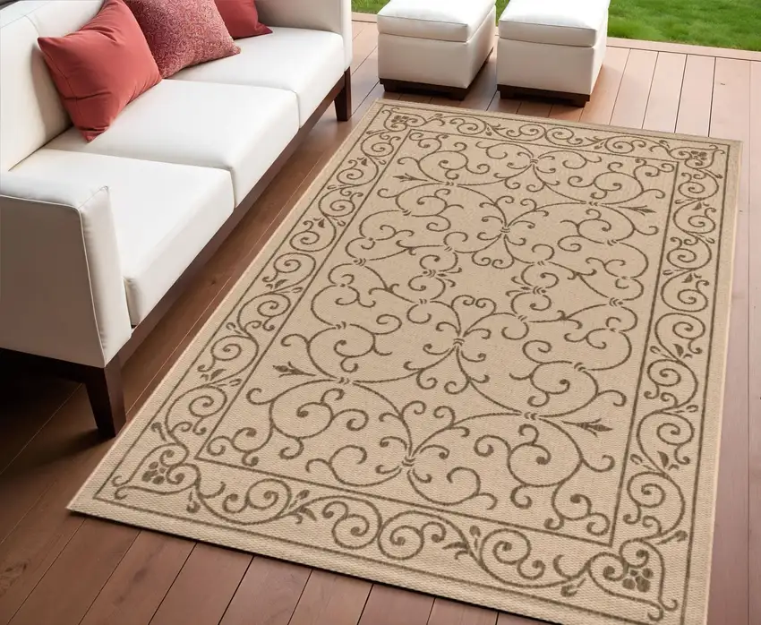 Beige And Brown Medallion Indoor Outdoor Area Rug Photo 1