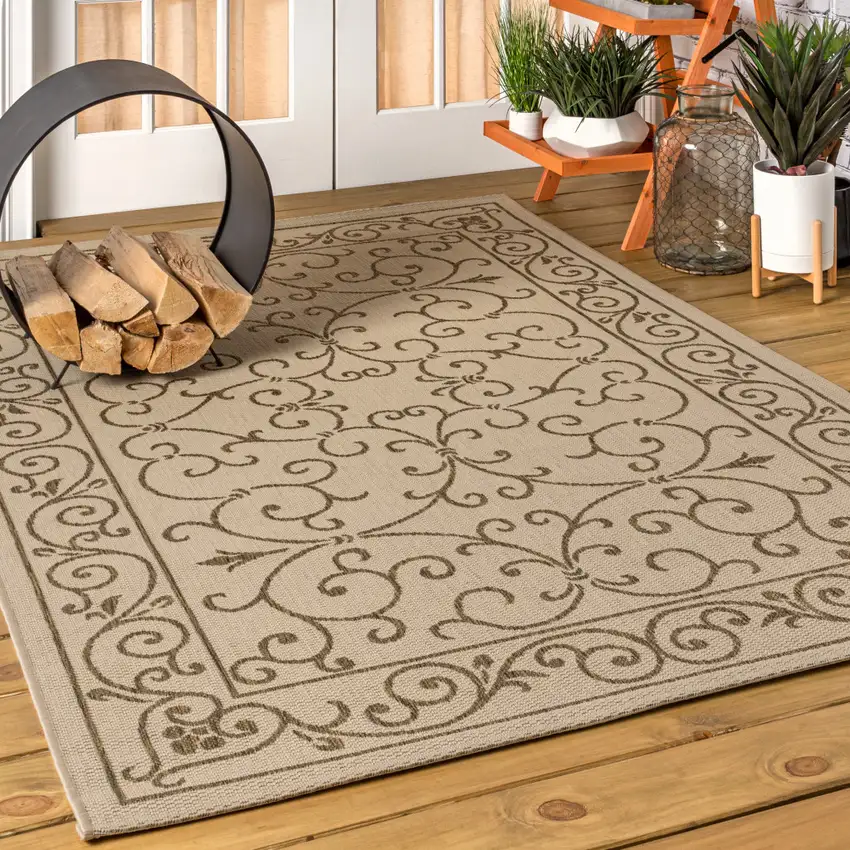 Beige And Brown Medallion Indoor Outdoor Area Rug Photo 5