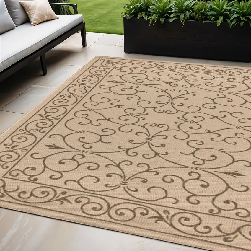 Beige And Brown Medallion Indoor Outdoor Area Rug Photo 1