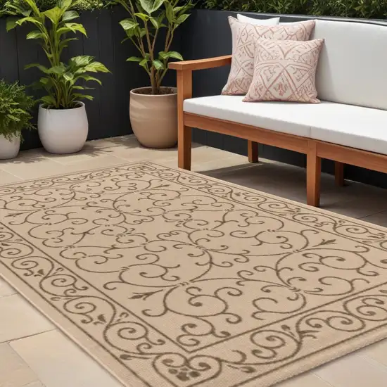 Beige And Brown Medallion Indoor Outdoor Area Rug Photo 1