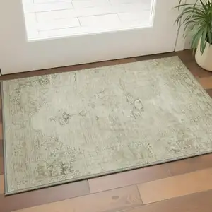 Photo of Beige And Brown Oriental Washable Area Rug With UV Protection