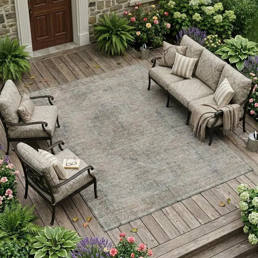 Beige And Brown Oriental Washable Indoor Outdoor Area Rug Photo 1