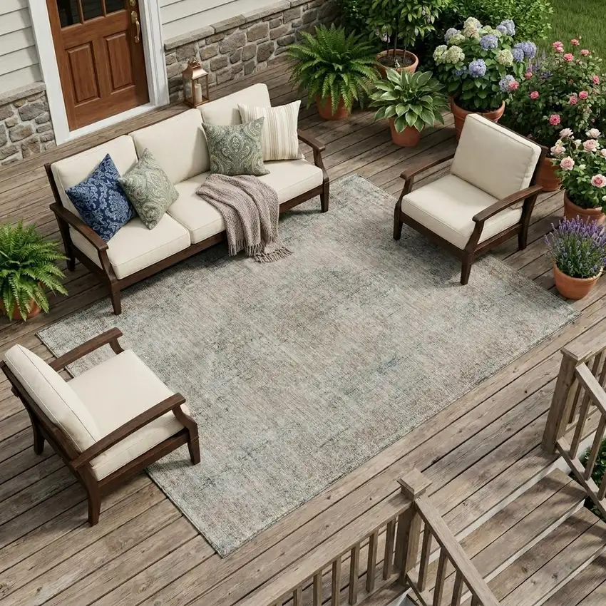 Beige And Brown Oriental Washable Indoor Outdoor Area Rug Photo 1