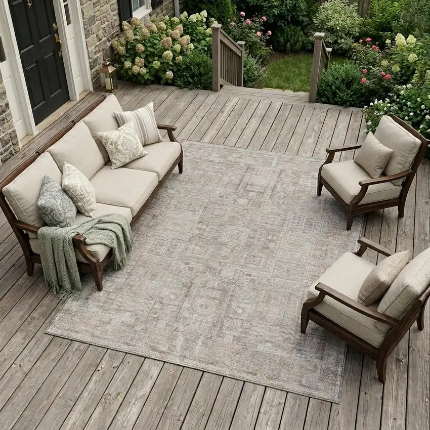 Beige And Brown Oriental Washable Indoor Outdoor Area Rug Photo 1