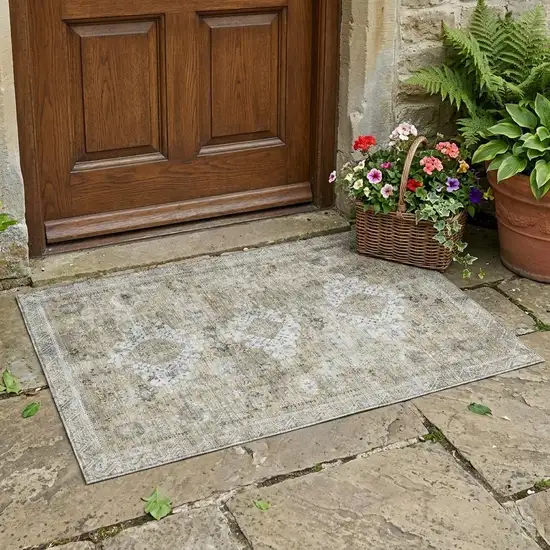 Beige And Brown Oriental Washable Indoor Outdoor Area Rug Photo 1