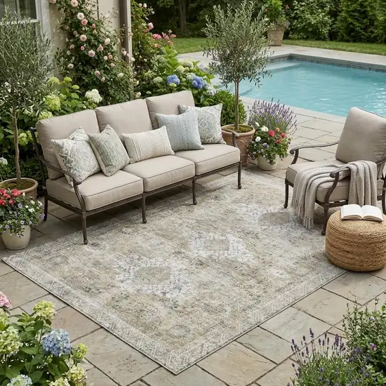Beige And Brown Oriental Washable Indoor Outdoor Area Rug Photo 1