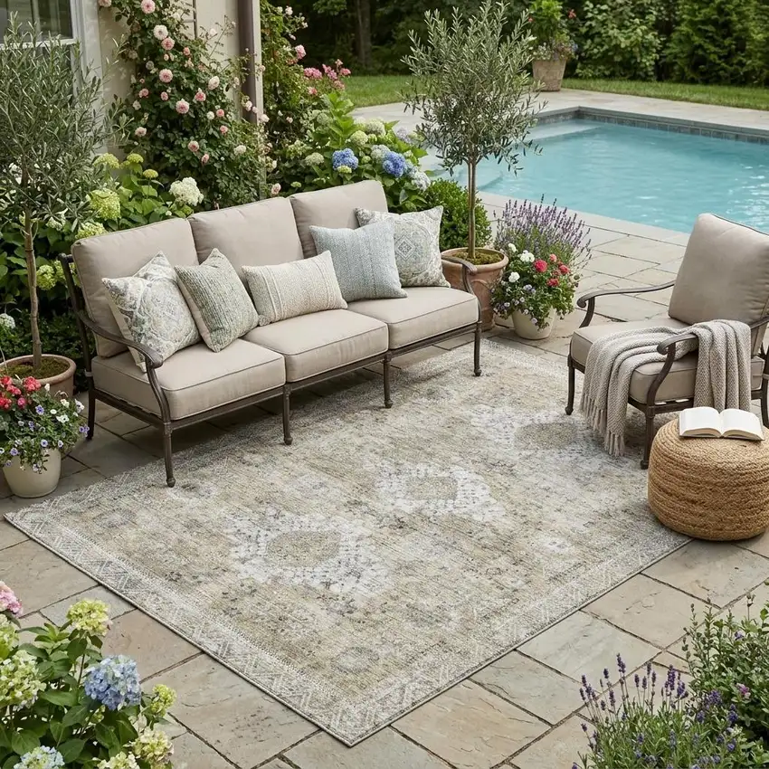 Beige And Brown Oriental Washable Indoor Outdoor Area Rug Photo 1