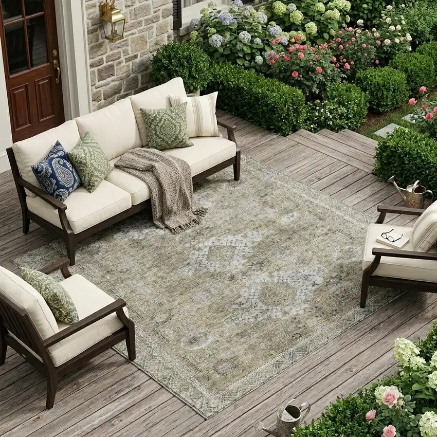 Beige And Brown Oriental Washable Indoor Outdoor Area Rug Photo 1