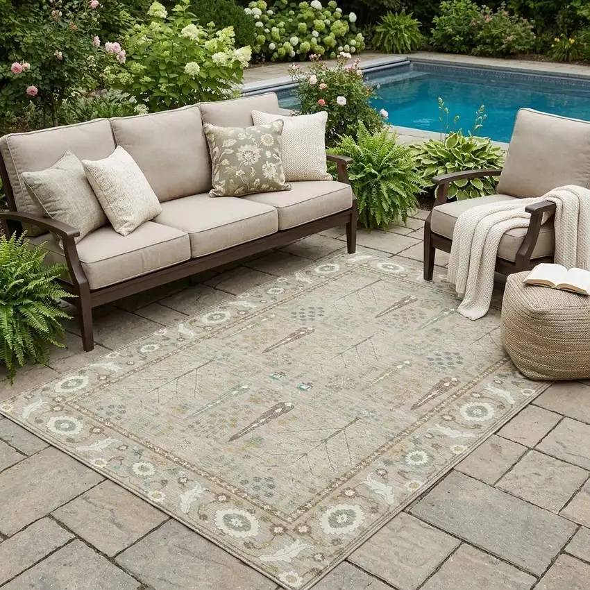 Beige And Brown Oriental Washable Indoor Outdoor Area Rug Photo 1
