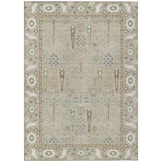 Beige And Brown Oriental Washable Indoor Outdoor Area Rug Photo 2