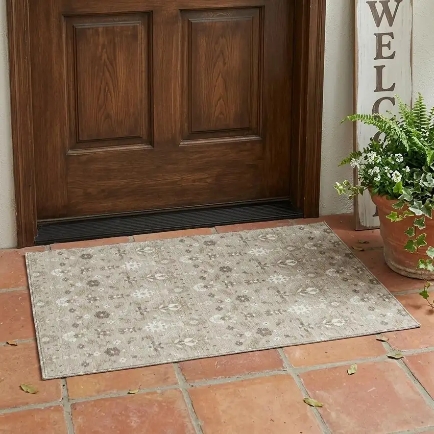 Beige And Brown Oriental Washable Indoor Outdoor Area Rug Photo 1
