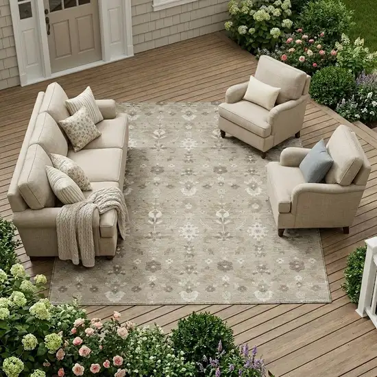 Beige And Brown Oriental Washable Indoor Outdoor Area Rug Photo 1