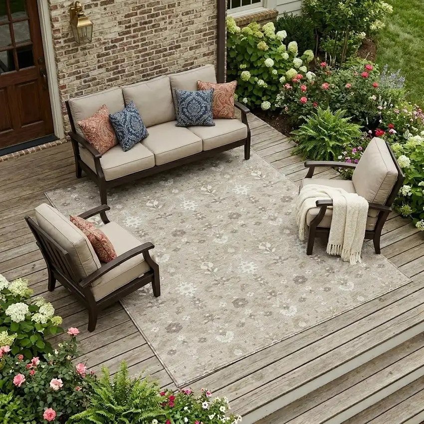 Beige And Brown Oriental Washable Indoor Outdoor Area Rug Photo 1