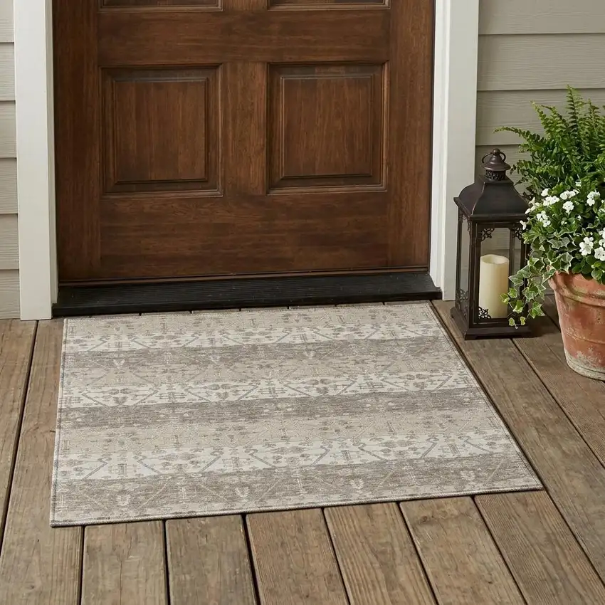 Beige And Brown Oriental Washable Indoor Outdoor Area Rug Photo 1