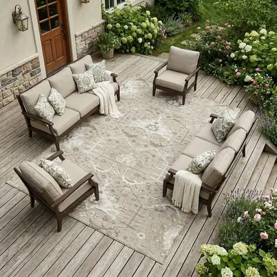 Beige And Brown Oriental Washable Indoor Outdoor Area Rug Photo 1