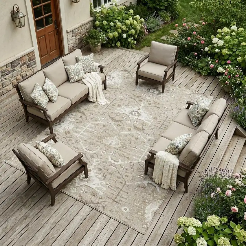 Beige And Brown Oriental Washable Indoor Outdoor Area Rug Photo 1