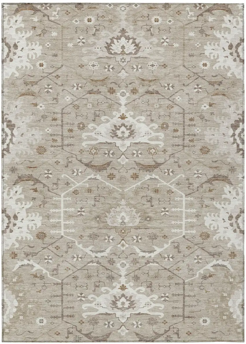 Beige And Brown Oriental Washable Indoor Outdoor Area Rug Photo 2