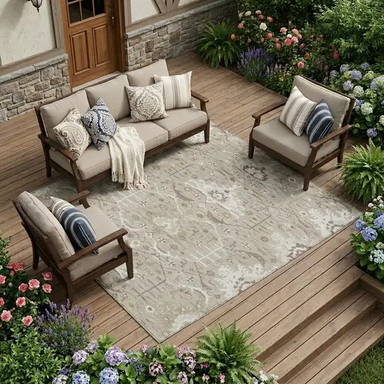 Beige And Brown Oriental Washable Indoor Outdoor Area Rug Photo 1