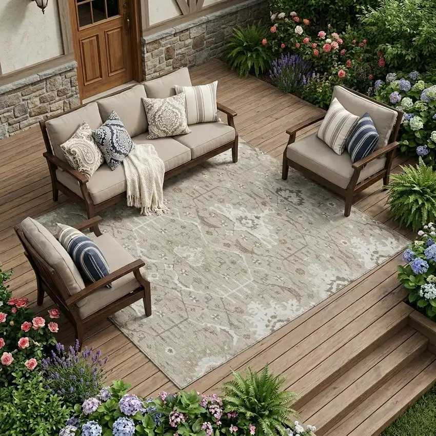 Beige And Brown Oriental Washable Indoor Outdoor Area Rug Photo 1