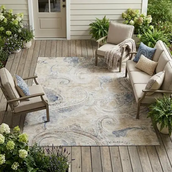 Beige And Brown Paisley Washable Indoor Outdoor Area Rug Photo 1