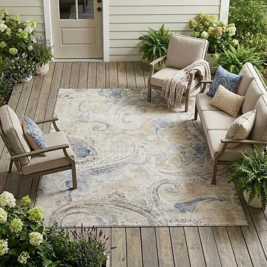 Beige And Brown Paisley Washable Indoor Outdoor Area Rug Photo 1
