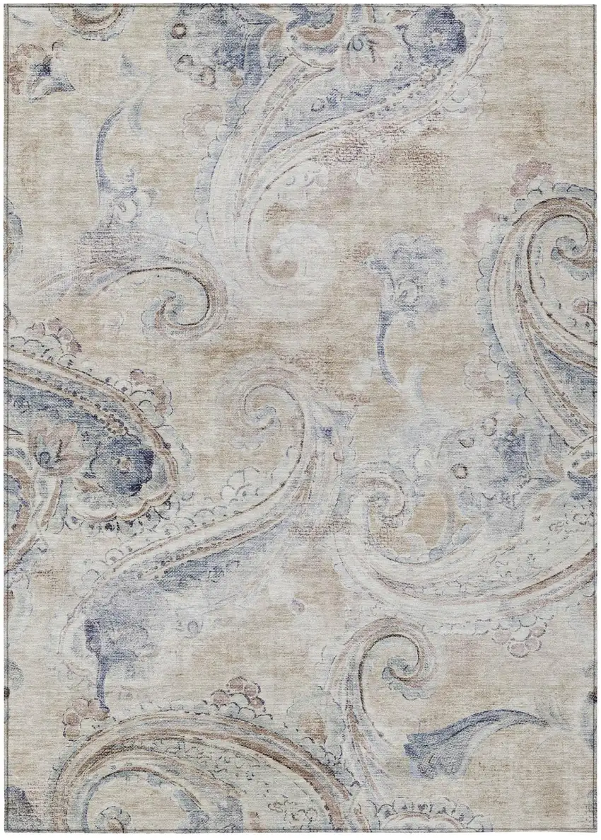Beige And Brown Paisley Washable Indoor Outdoor Area Rug Photo 2