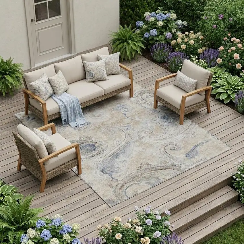 Beige And Brown Paisley Washable Indoor Outdoor Area Rug Photo 1