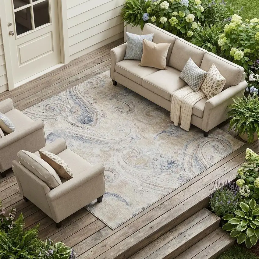 Beige And Brown Paisley Washable Indoor Outdoor Area Rug Photo 1