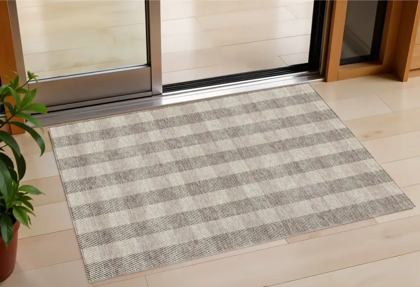 Beige And Brown Plaid Washable Indoor Outdoor Area Rug Photo 1