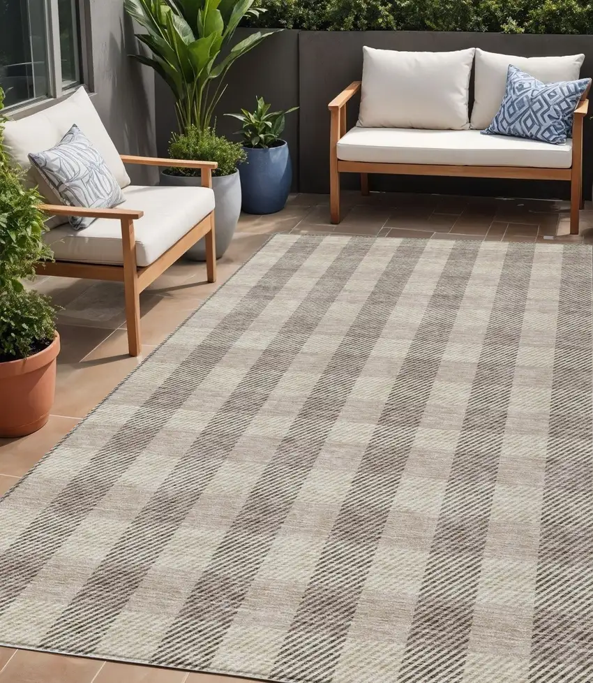 Beige And Brown Plaid Washable Indoor Outdoor Area Rug Photo 1