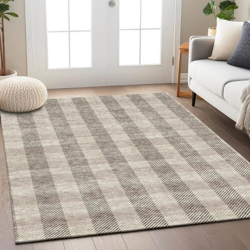 Beige And Brown Plaid Washable Indoor Outdoor Area Rug Photo 9