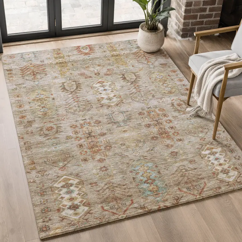 Beige And Brown Southwestern Washable Area Rug With UV Protection Photo 5