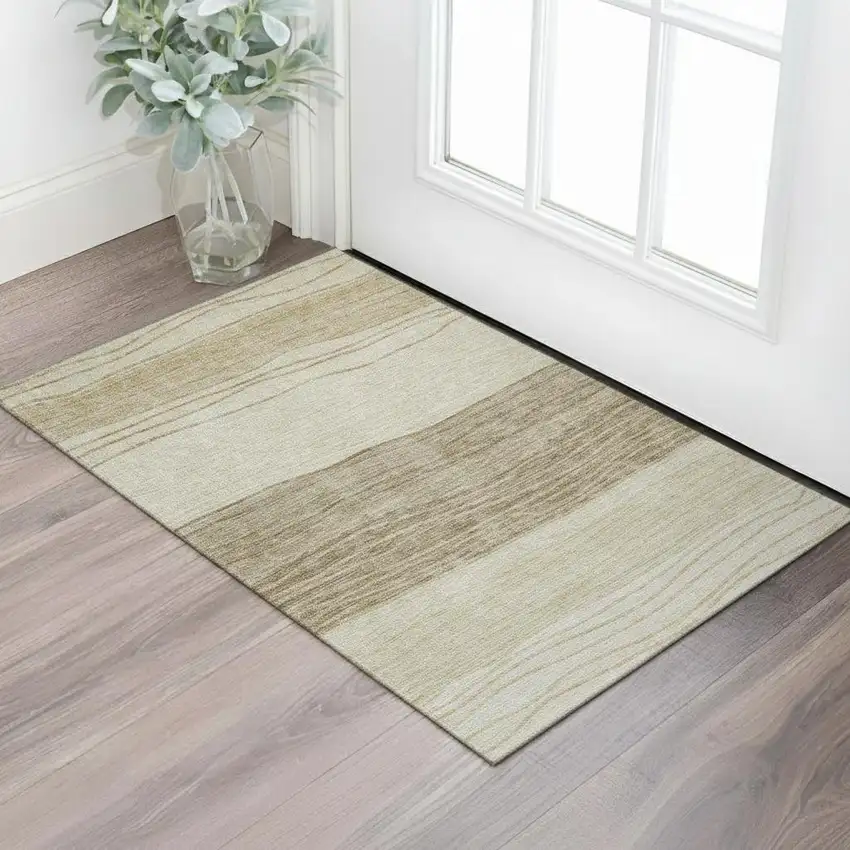 Beige And Brown Striped Washable Area Rug With UV Protection Photo 1