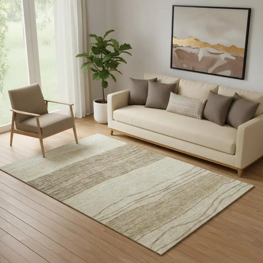 Beige And Brown Striped Washable Area Rug With UV Protection Photo 1