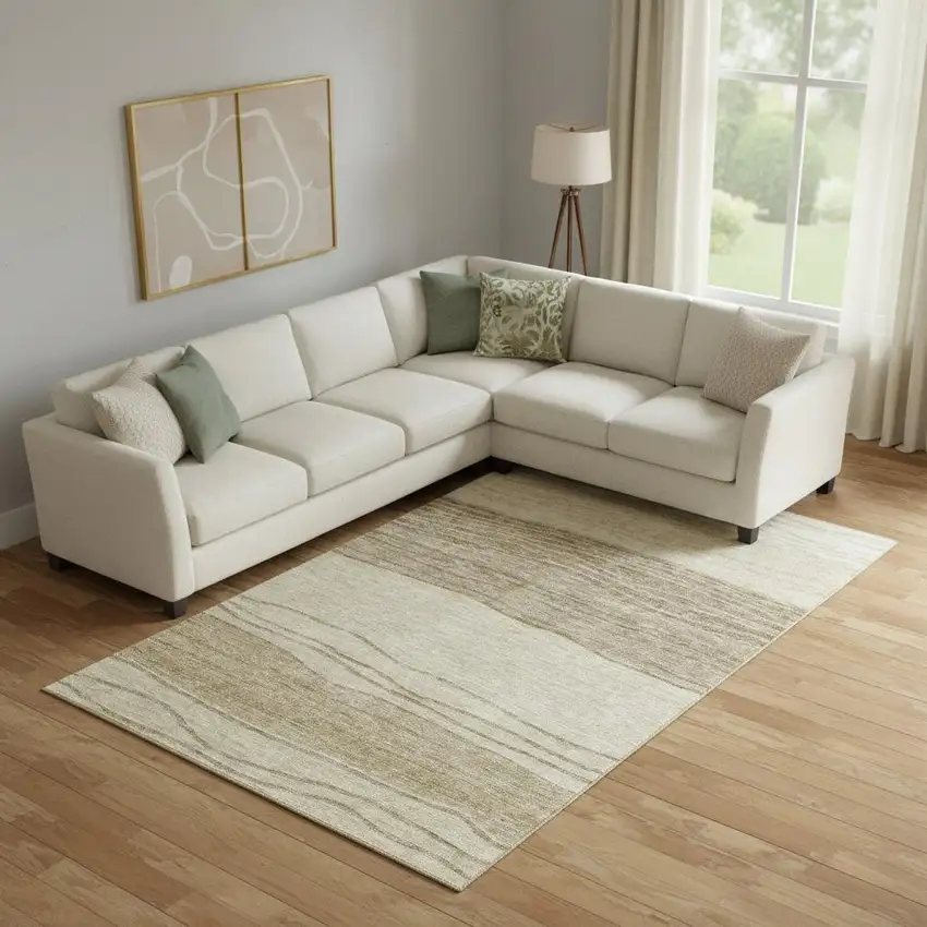 Beige And Brown Striped Washable Area Rug With UV Protection Photo 1