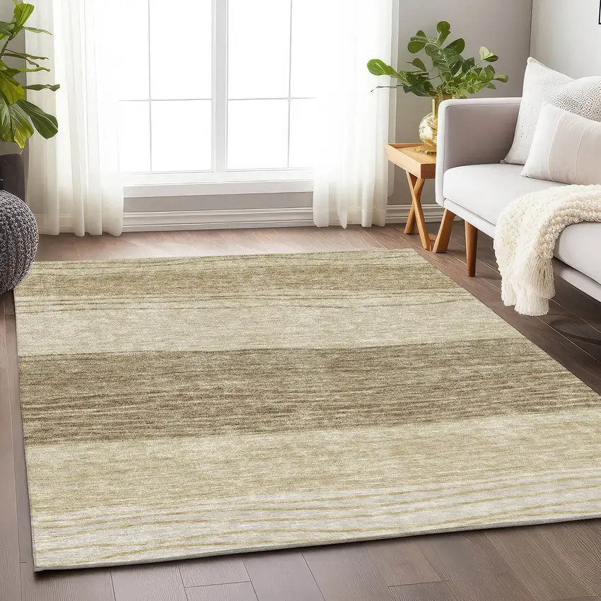 Beige And Brown Striped Washable Area Rug With UV Protection Photo 4