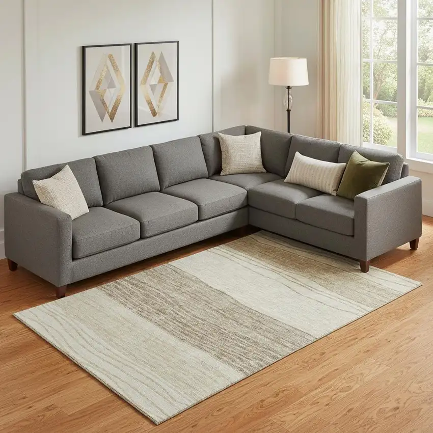 Beige And Brown Striped Washable Area Rug With UV Protection Photo 1