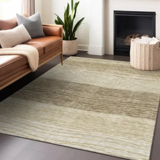 Beige And Brown Striped Washable Area Rug With UV Protection Photo 5
