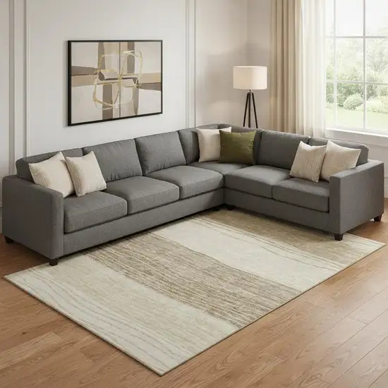 Beige And Brown Striped Washable Area Rug With UV Protection Photo 1