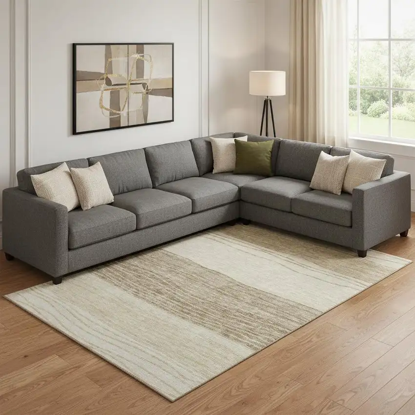 Beige And Brown Striped Washable Area Rug With UV Protection Photo 1