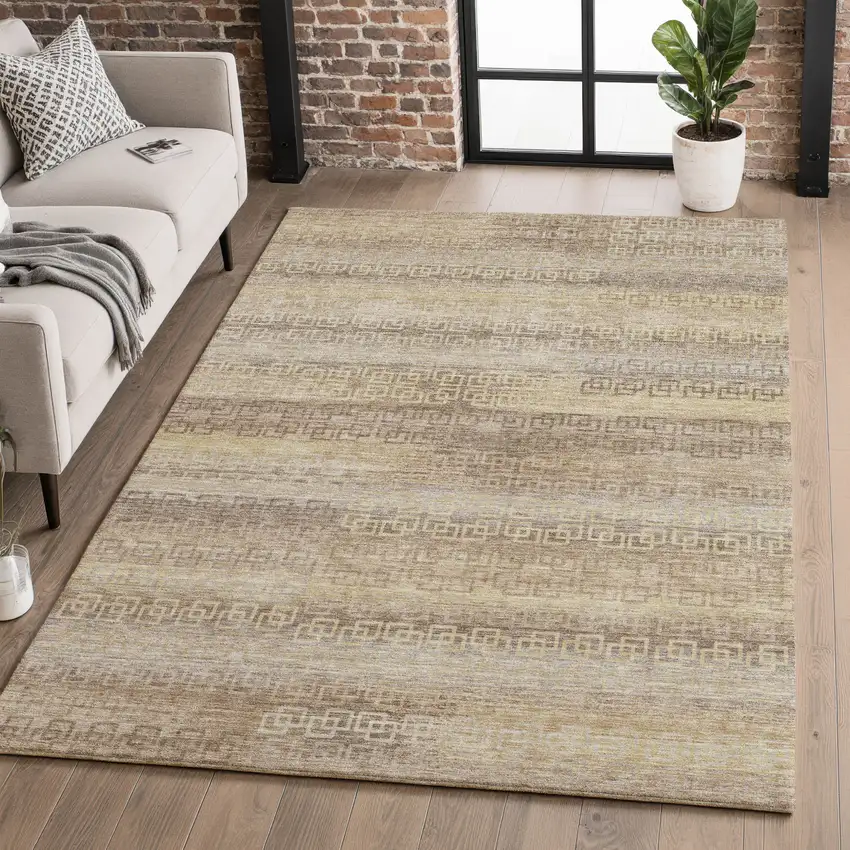 Beige And Brown Striped Washable Area Rug With UV Protection Photo 4