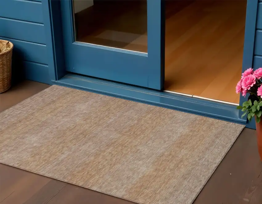 Beige And Brown Striped Washable Indoor Outdoor Area Rug Photo 2